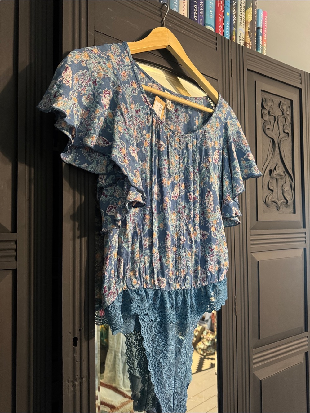 Free People Blue Floral Lace-Hem Women's Bodysuit